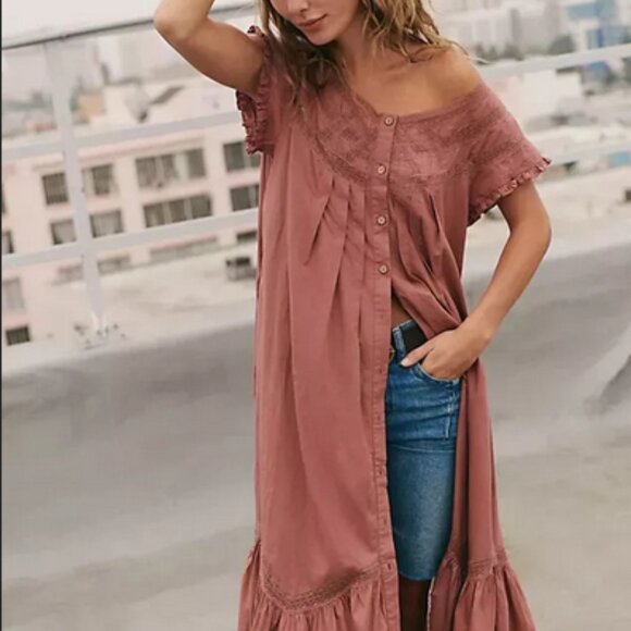 Free People Aster Midi Buttondown Lace Ruffle Vintage Rose Dress L - Picture 3 of 3